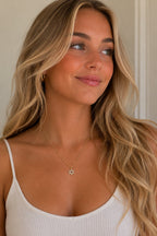 Close-up of the DUGO gold Star David Necklace worn on the neck