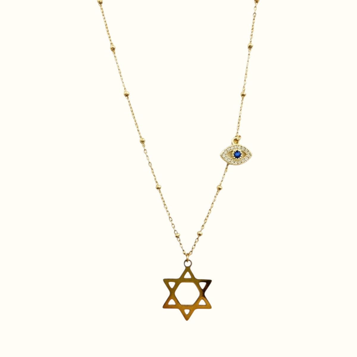 DUGO gold Star of David necklace with a blue evil eye charm on a delicate beaded chain, waterproof and non-tarnish.
