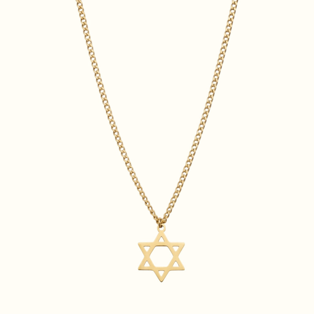 DUGO gold Star of David pendant necklace on a delicate curb chain, crafted from non-tarnish 18K gold filled steel.