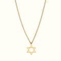 DUGO gold Star of David pendant necklace on a delicate curb chain, crafted from non-tarnish 18K gold filled steel.