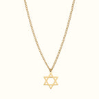 DUGO gold Star of David pendant necklace on a delicate curb chain, crafted from non-tarnish 18K gold filled steel.