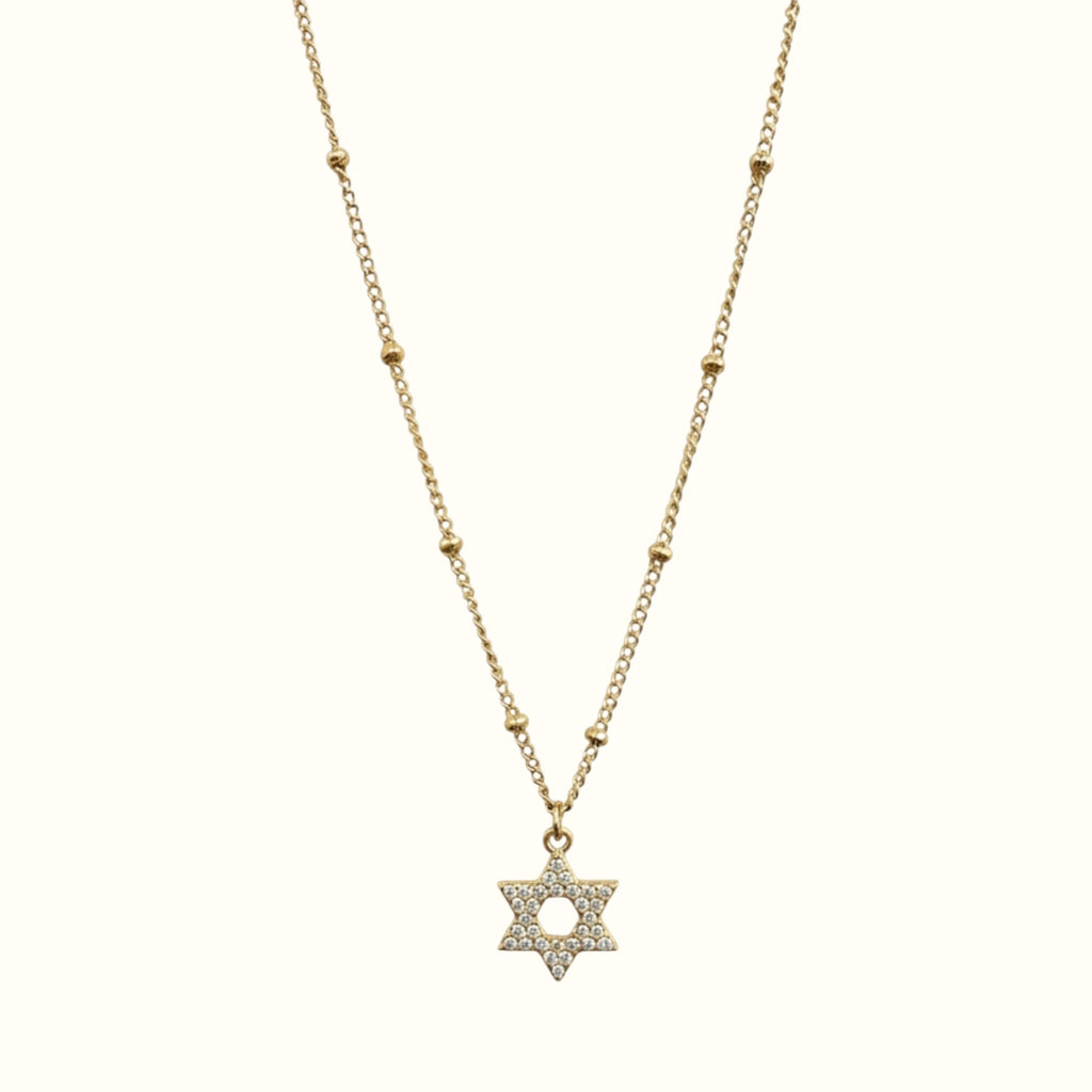 DUGO 18K gold filled Star of David necklace with a delicate beaded chain and sparkling CZ stone pendant