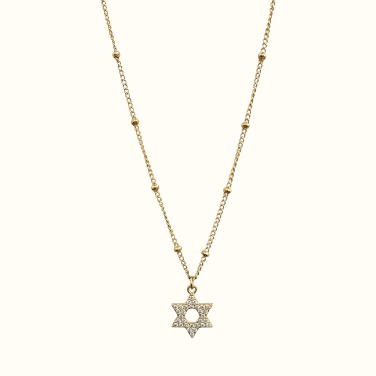 DUGO 18K gold filled Star of David necklace with a delicate beaded chain and sparkling CZ stone pendant