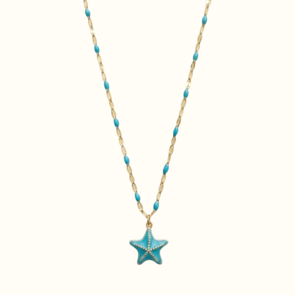 DUGO 18K gold-filled necklace featuring a blue enamel starfish pendant and matching turquoise bead chain accents.