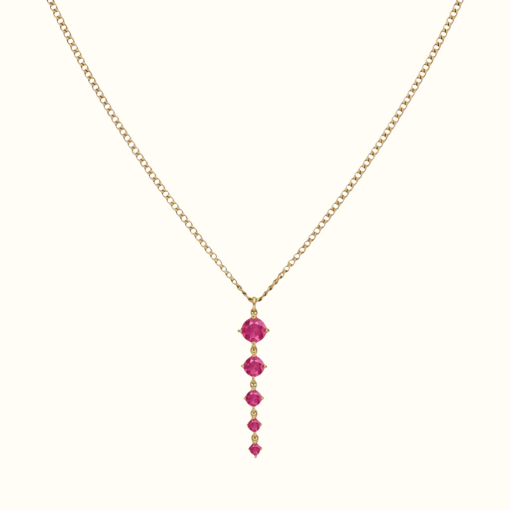 DUGO gold tennis five links necklace with five pink stones on a thin curb chain
