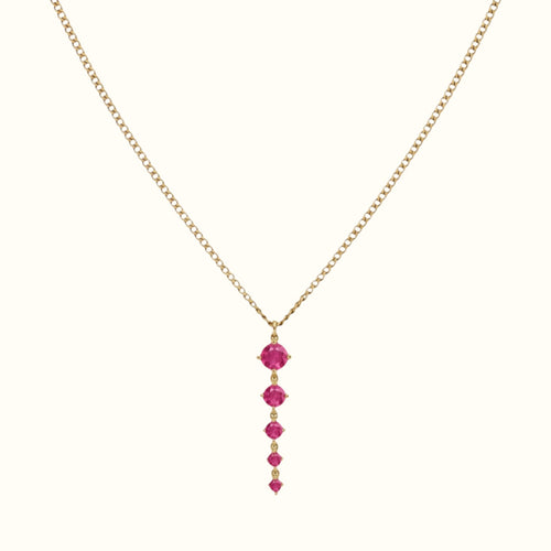 DUGO gold tennis five links necklace with five pink stones on a thin curb chain