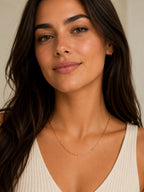 Close-up of the DUGO gold Thin Paperclip Chain worn on the neck