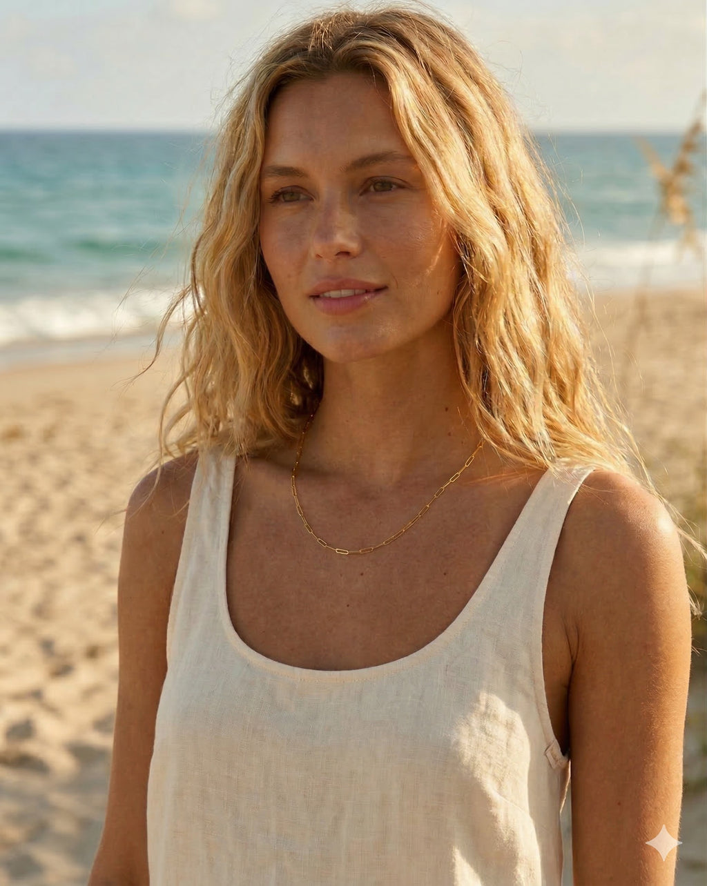 Close-up of the DUGO gold Thin Paperclip Chain worn on the neck