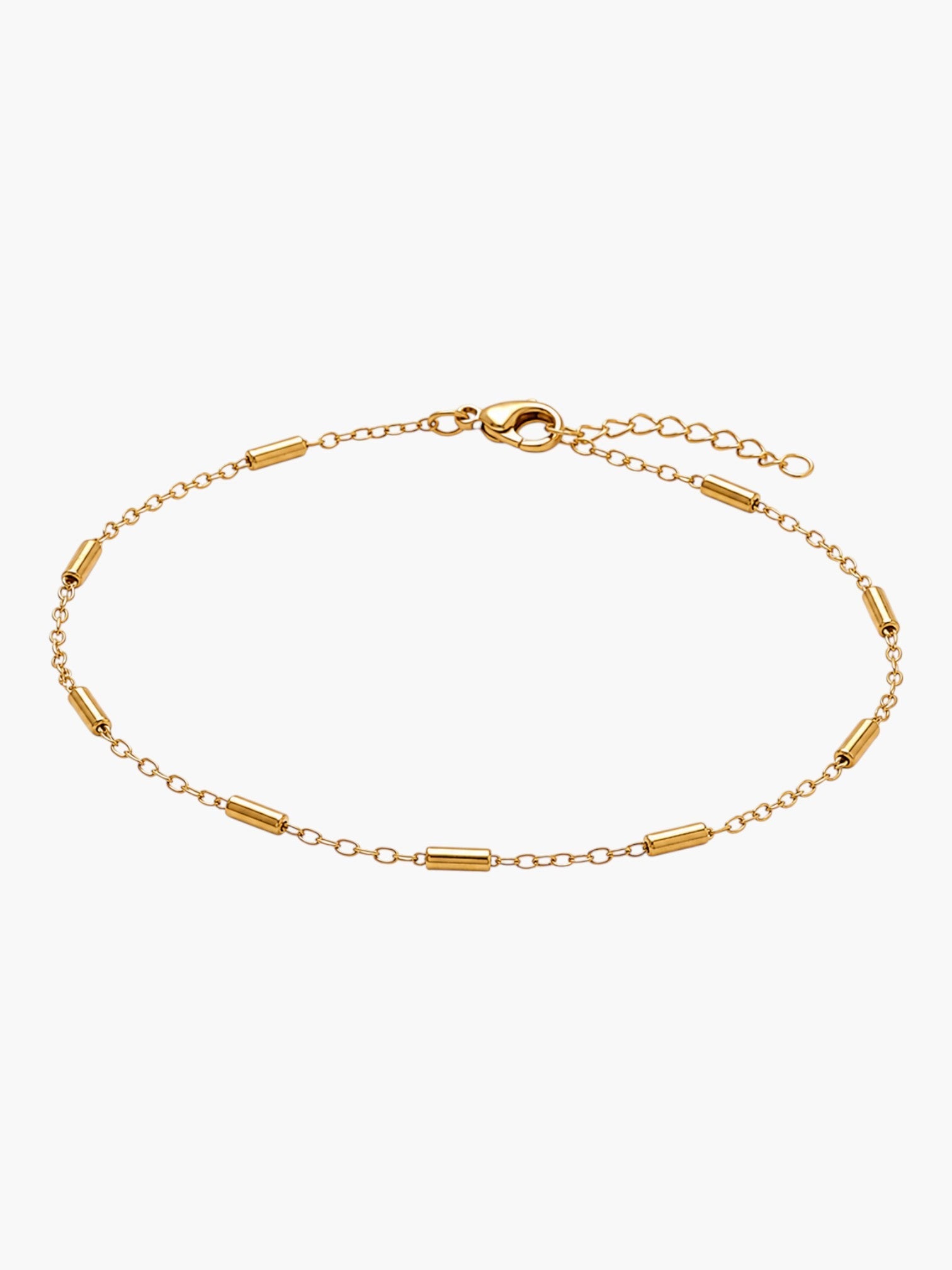 DUGO 18K gold-filled minimalist tube station bracelet with a delicate chain and lobster clasp on a white background.