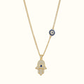 DUGO 18K gold filled Hamsa hand necklace with cubic zirconia, blue evil eye pendant, and matching charm on chain.