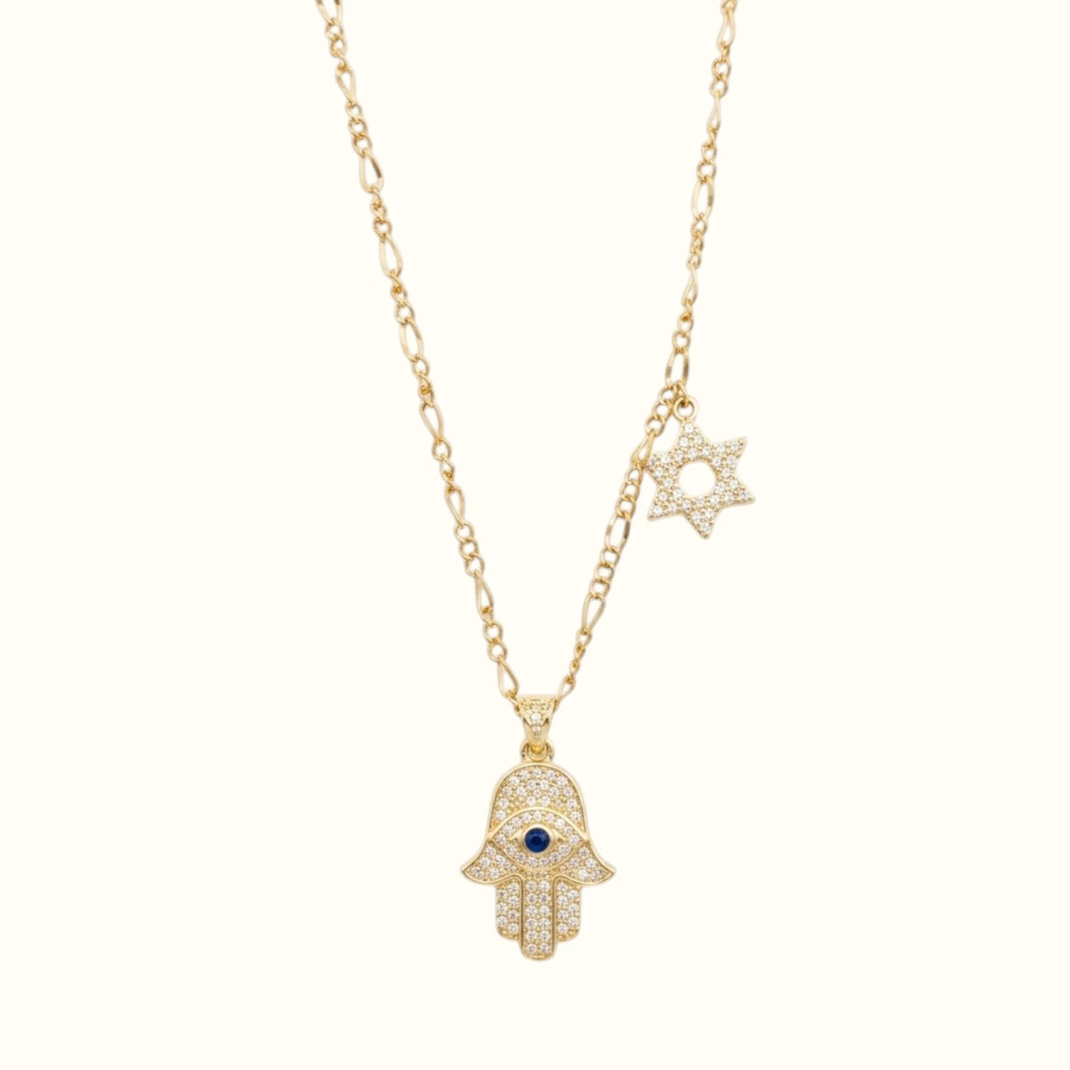 DUGO 18K gold filled Hamsa hand necklace with a blue evil eye, sparkling Star of David charm, and delicate chain.