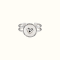 DUGO adjustable silver ring with a polished round centerpiece featuring a raised heart and a double-band design.