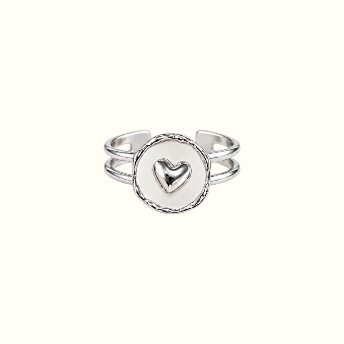 DUGO adjustable silver ring with a polished round centerpiece featuring a raised heart and a double-band design.