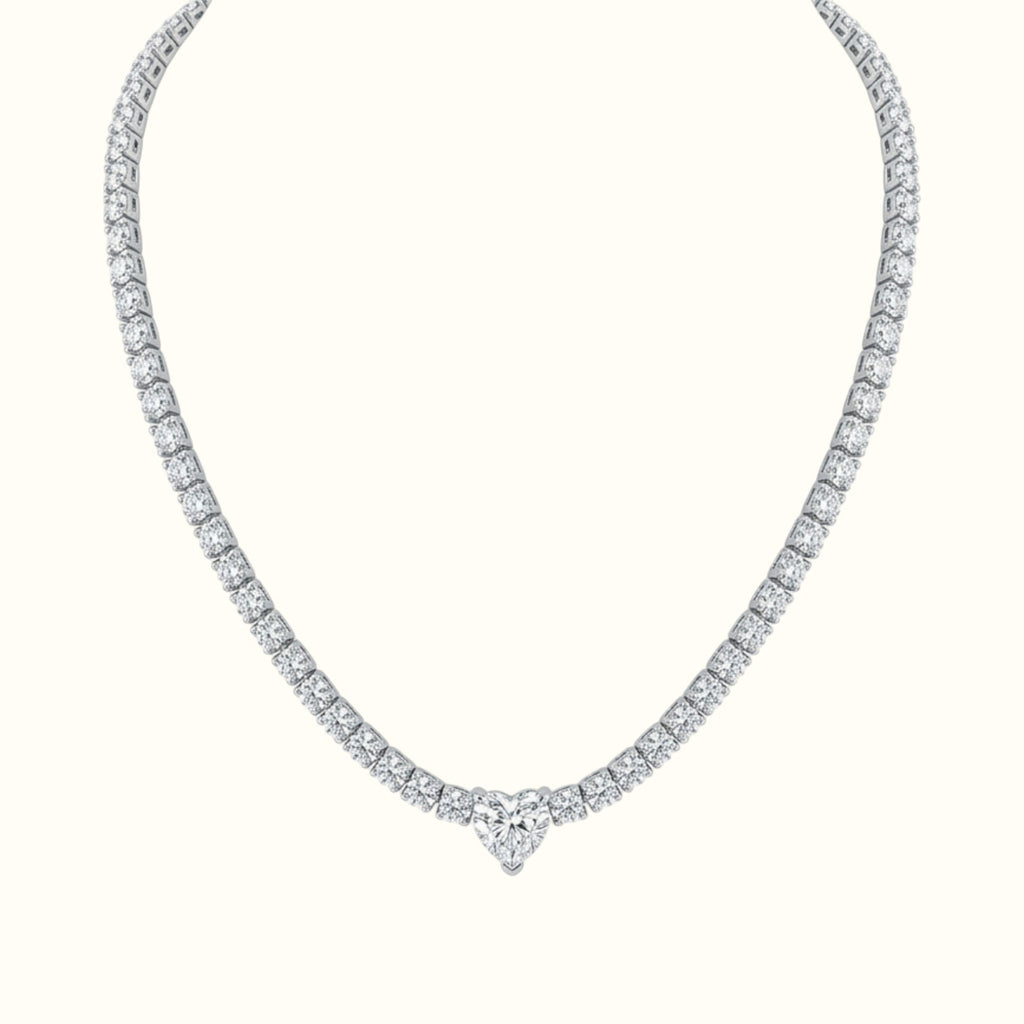 DUGO heart-shaped cubic zirconia tennis necklace in silver-tone stainless steel with a secure lobster clasp