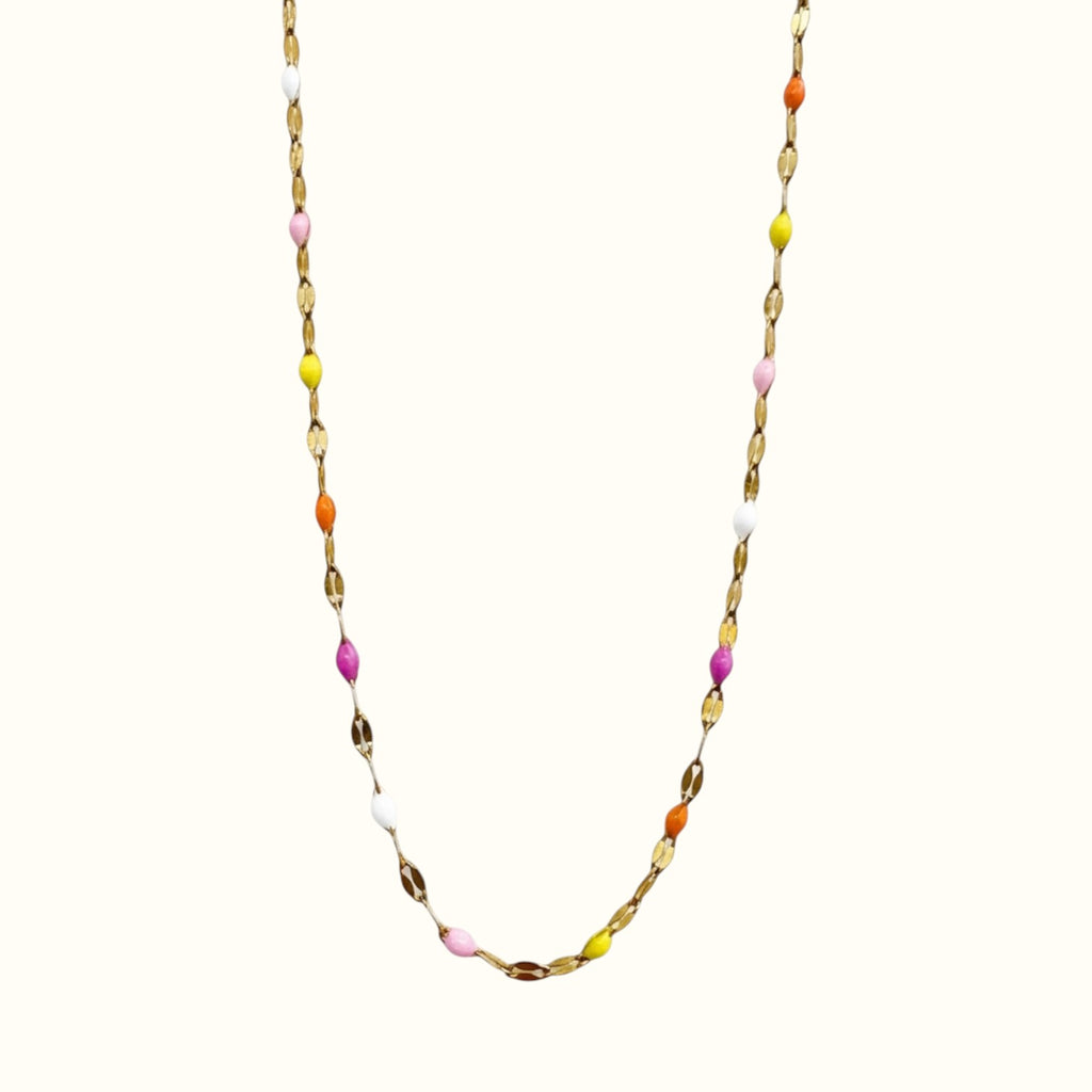 DUGO Lip Colors Chain necklace featuring 18K gold filled links with vibrant multi-colored enamel beads