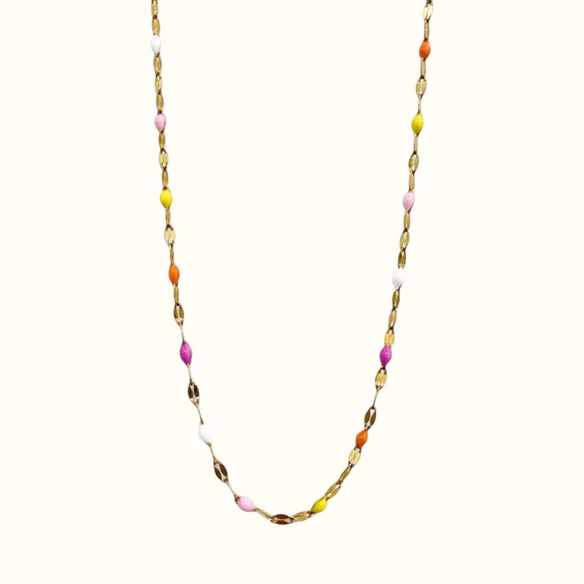 DUGO Lip Colors Chain necklace featuring 18K gold filled links with vibrant multi-colored enamel beads