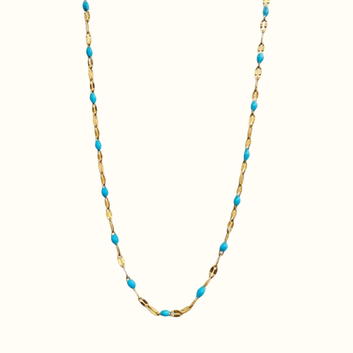 DUGO Lip Colors Chain necklace featuring 18K gold filled links with vibrant turquoise enamel beads