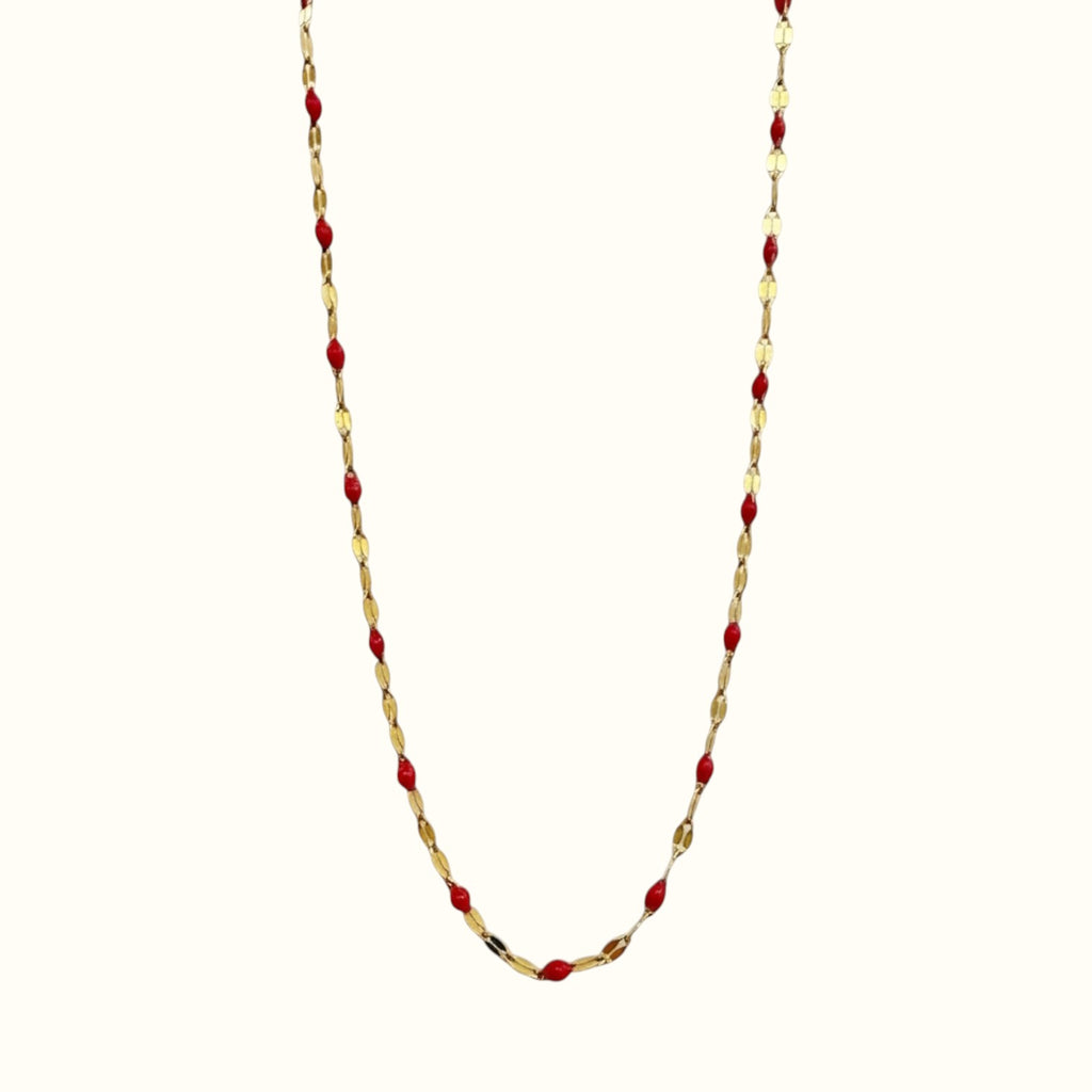 DUGO Lip Colors Chain necklace featuring gold links and vibrant red enamel beads in a dainty, waterproof design.