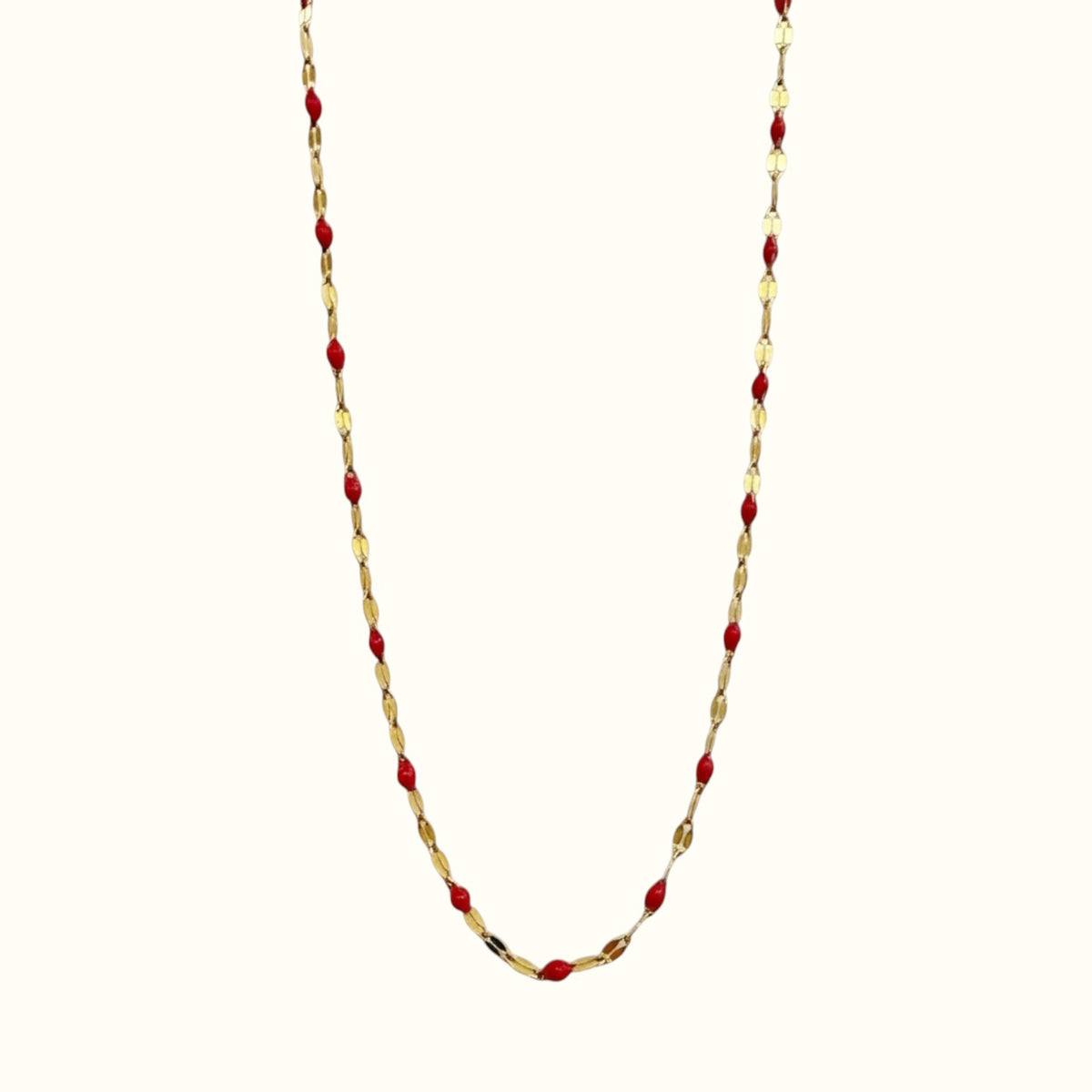DUGO Lip Colors Chain necklace featuring gold links and vibrant red enamel beads in a dainty, waterproof design.