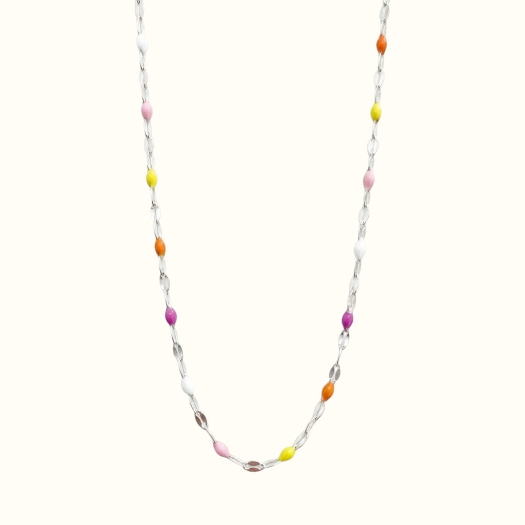 DUGO Lip Colors Chain necklace featuring silver stainless steel links with vibrant multi-colored enamel beads.