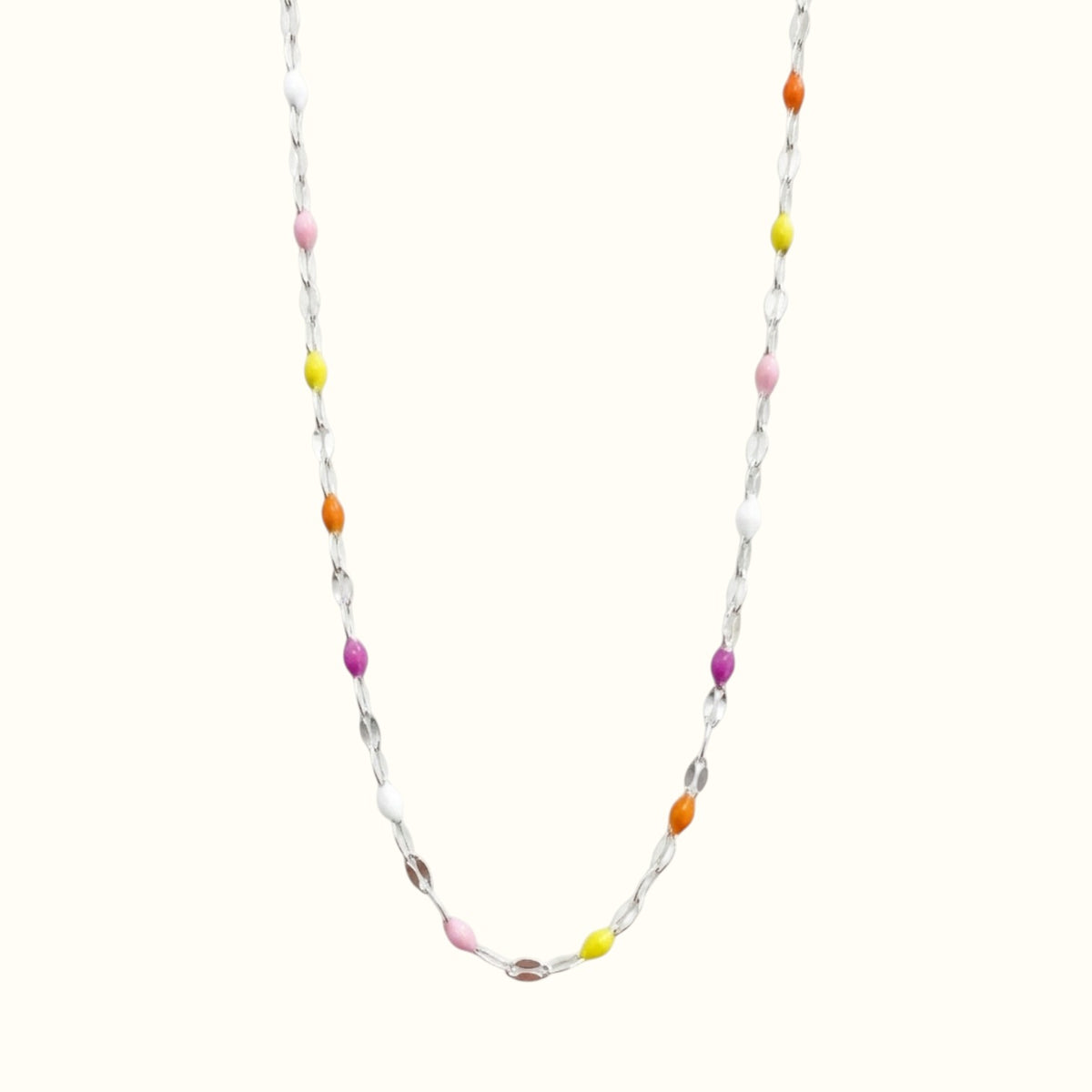 DUGO Lip Colors Chain necklace featuring silver stainless steel links with vibrant multi-colored enamel beads.