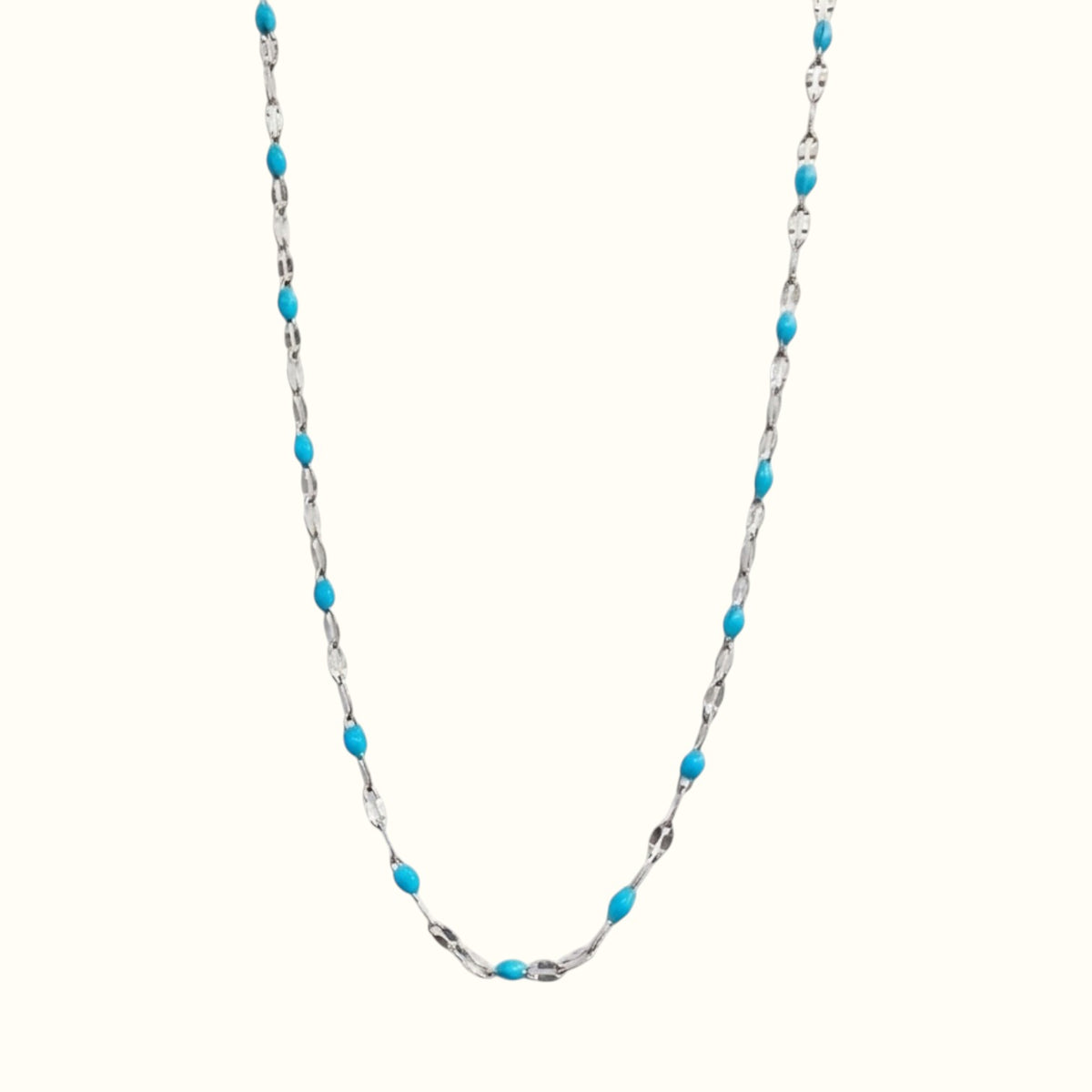 DUGO Lip Colors Chain necklace featuring silver links accented with vibrant turquoise enamel beads.