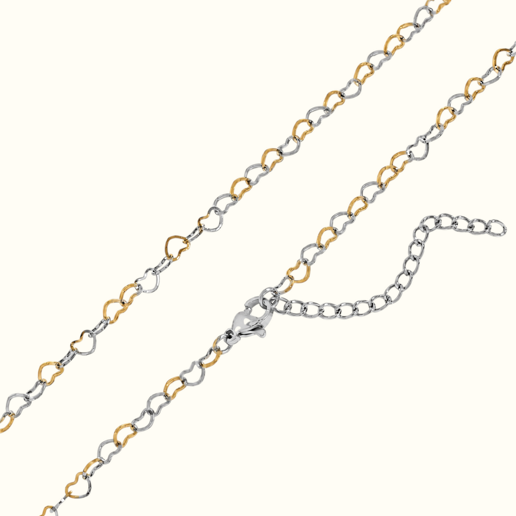 DUGO two-tone gold and silver mini open heart link chain necklace with a lobster clasp and adjustable extender.