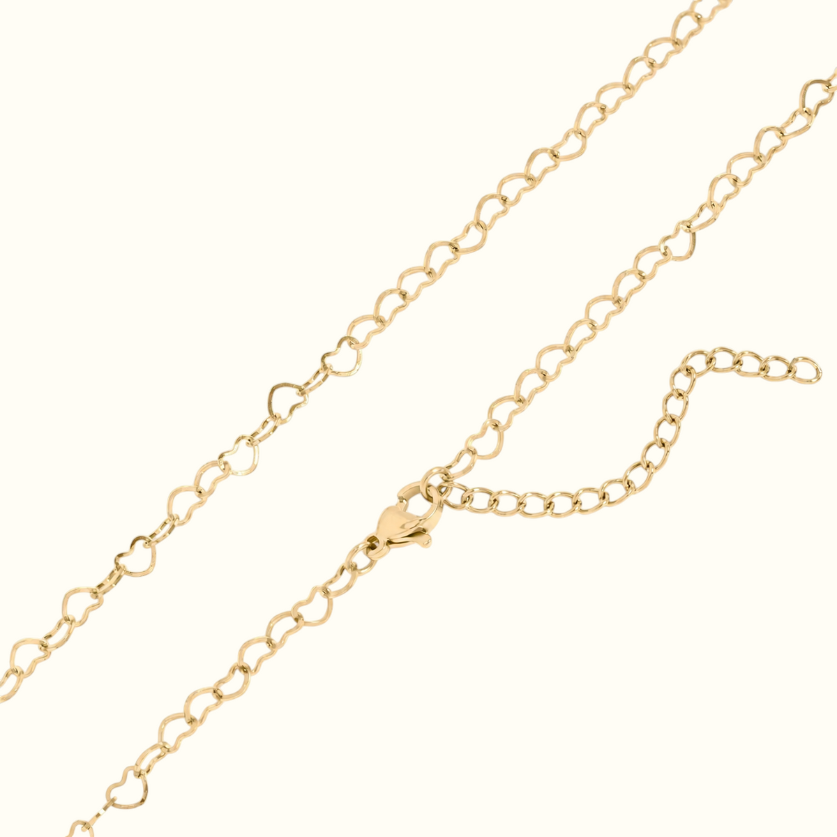 DUGO gold mini open heart link chain necklace with a lobster clasp and adjustable extender on a white background.