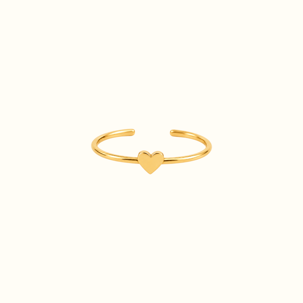 DUGO minimalist gold heart ring with an adjustable open-band design and a smooth polished finish.
