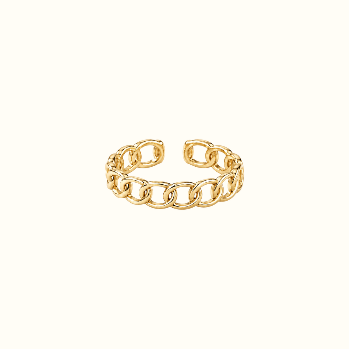DUGO gold-tone adjustable open circle ring with a modern geometric chain link design on a white background