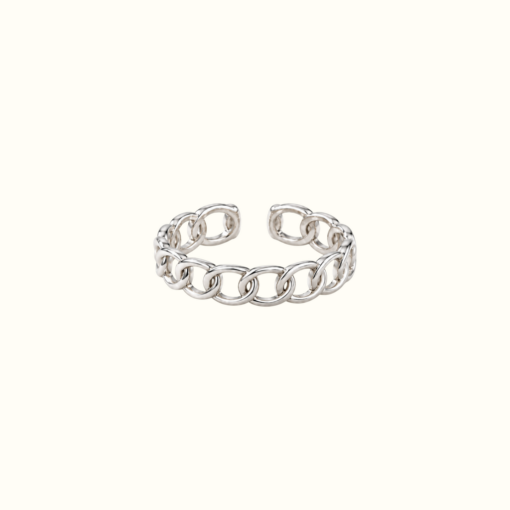 DUGO adjustable open circle ring in polished silver with a modern geometric repeating oval chain link design.