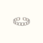DUGO adjustable open circle ring in polished silver with a modern geometric repeating oval chain link design.