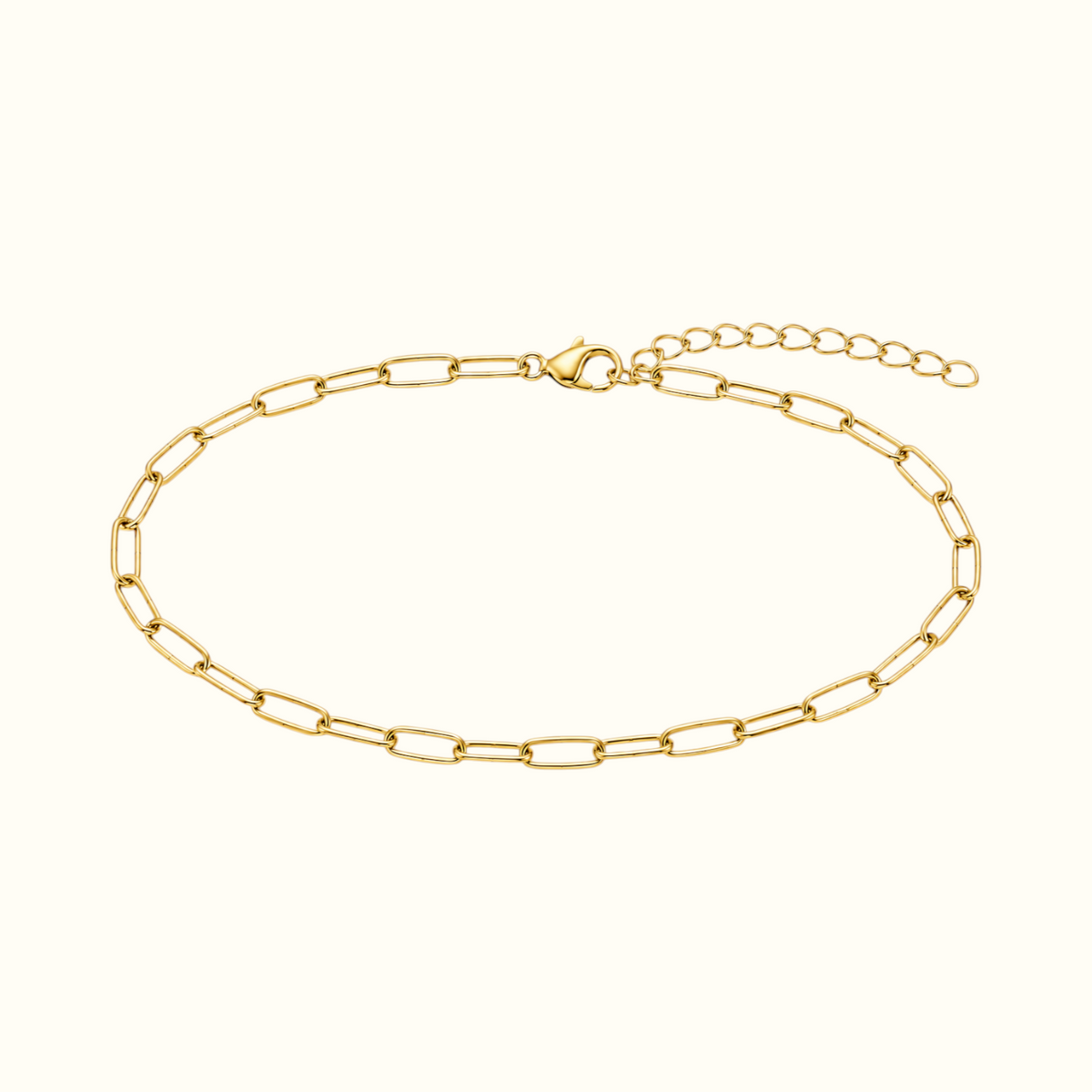 DUGO gold paperclip chain anklet with elongated links and a lobster clasp closure on a white background