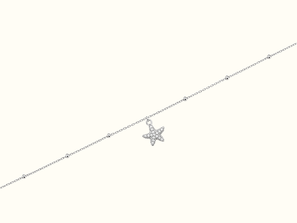 DUGO Starfish Anklet featuring a sparkling pavé starfish charm on a delicate silver-tone beaded stainless steel chain