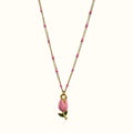 DUGO delicate 18K gold filled necklace featuring a pink tulip pendant and pink enamel accents on a gold chain