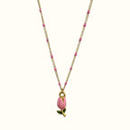 DUGO delicate 18K gold filled necklace featuring a pink tulip pendant and pink enamel accents on a gold chain