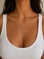 Woman wearing the DUGO red Cross Pave Zirconia Necklace
