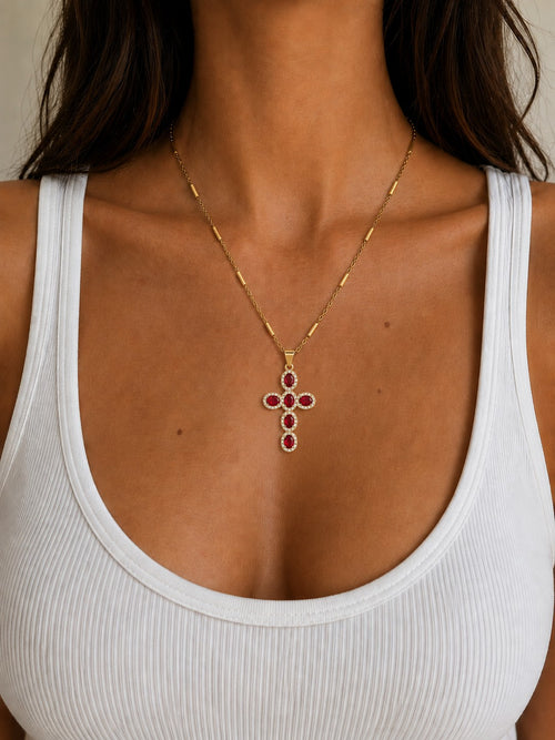 Woman wearing the DUGO red Cross Pave Zirconia Necklace