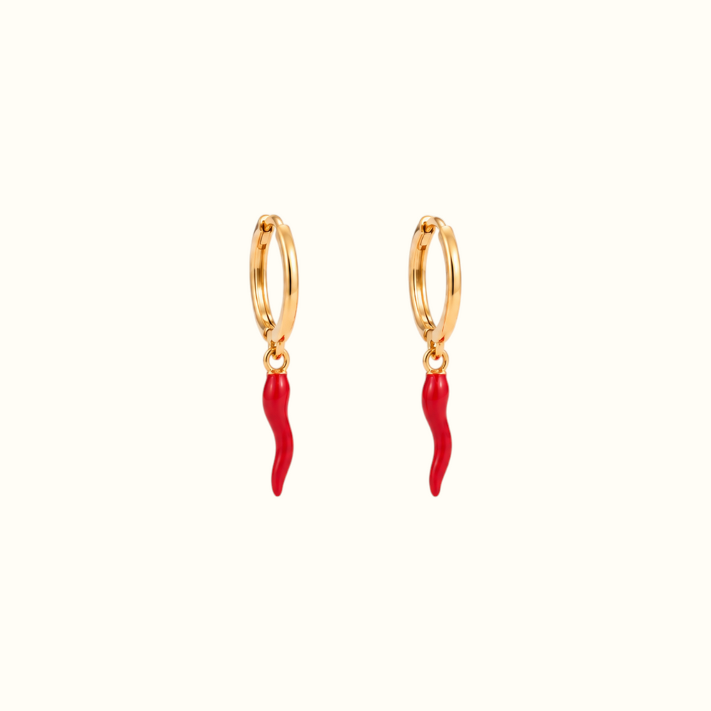 DUGO gold hoop earrings featuring glossy red Italian horn chili pepper charms on a clean white background
