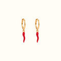 DUGO gold hoop earrings featuring glossy red Italian horn chili pepper charms on a clean white background