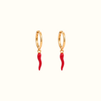 DUGO gold hoop earrings featuring glossy red Italian horn chili pepper charms on a clean white background
