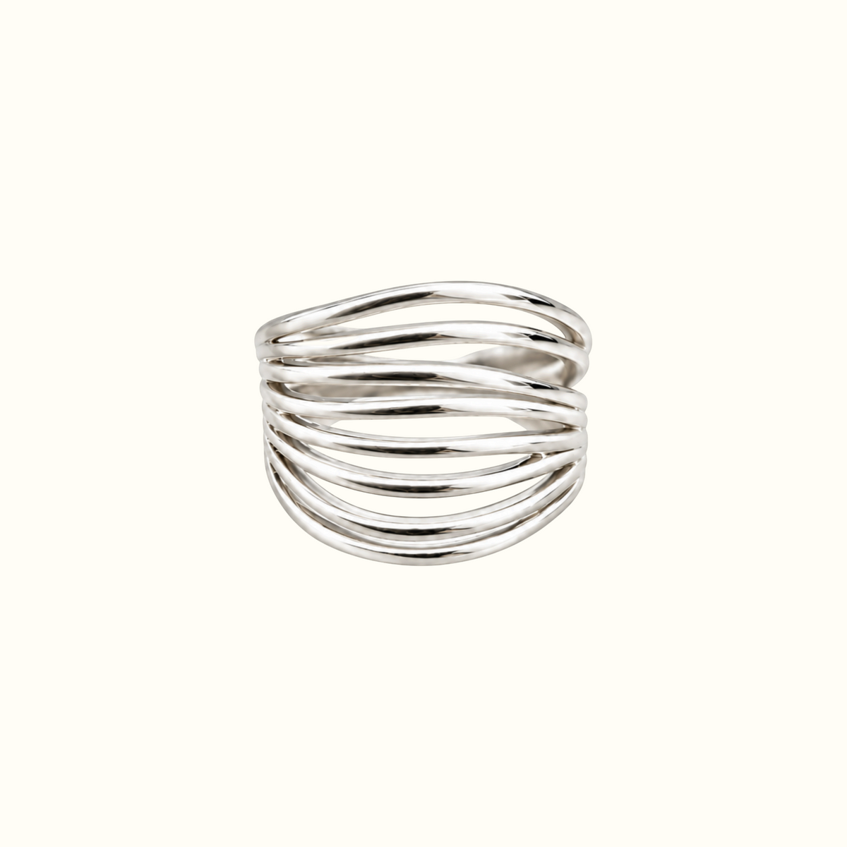 DUGO silver-toned adjustable dome ring featuring a modern sculptural design with layered ribbed detailing