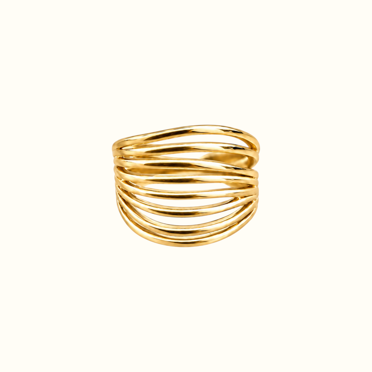 DUGO gold ribbed dome ring with a sculptural multi-layered design and an adjustable open band for a comfortable fit.