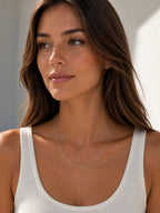 Woman wearing the DUGO silver Ball Cable Chain Satellite Bead Necklace