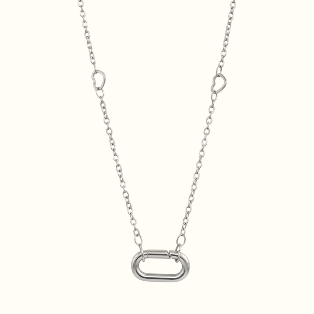 DUGO silver oval carabiner necklace featuring a delicate chain with small heart-shaped links.