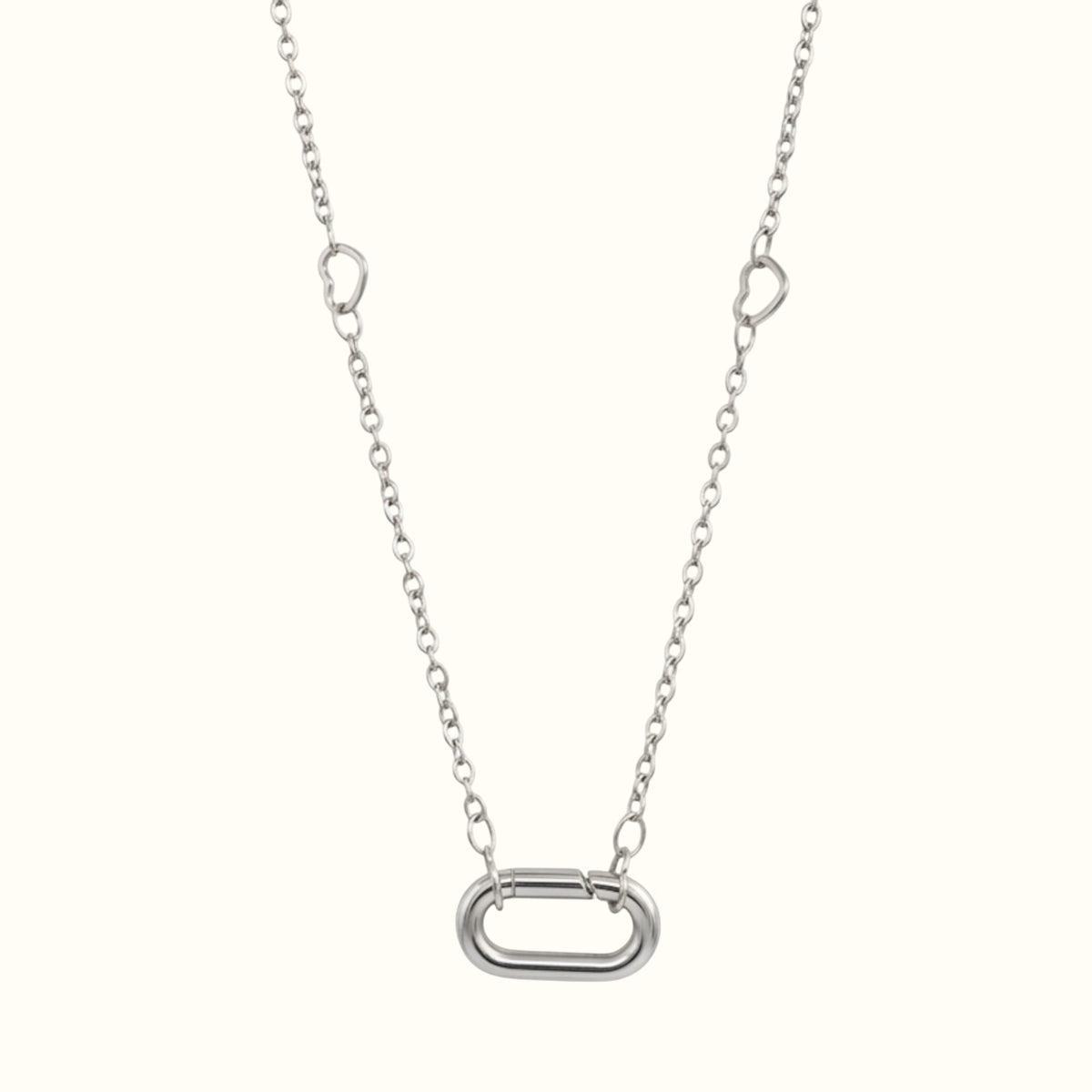 DUGO silver oval carabiner necklace featuring a delicate chain with small heart-shaped links.