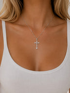 Woman wearing the DUGO silver Cross Zirconia Ball Chain Necklace