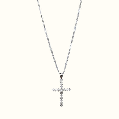 DUGO silver-tone cross pendant necklace featuring sparkling cubic zirconia stones on a delicate chain
