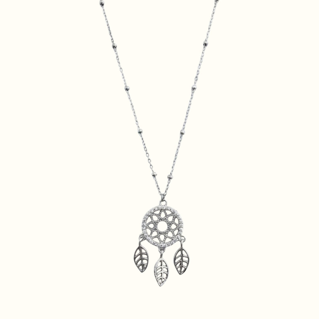 DUGO silver-tone dreamcatcher necklace with cubic zirconia accents and delicate leaf charms on a beaded chain.
