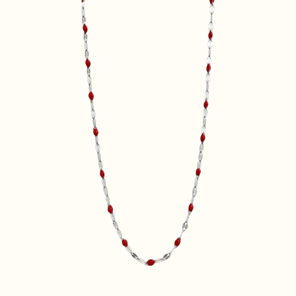 DUGO Lip Colors Chain necklace featuring silver-tone links accented with small red enamel beads.